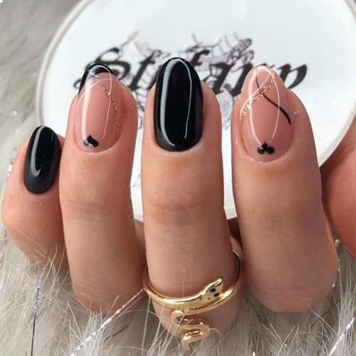 GlamRays Kurze Klebernagel, Press on Nails Oval, Glänzend Schwarzes Herz Falscher Nagel, Nude-Pink mit Gold Glitzer Wellenlinie Design Falscher Nagel 24 Stück