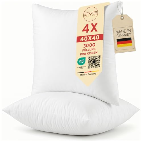 4er Set Kissen 40x40 cm mit Füllung Schlafkissen, Kissenfüllung Füllkissen Polster | Öko-Tex 100 Sofakissen Dekokissen Zierkissen Couchkissen 60° Waschbar | Allergiker | Made in Germany