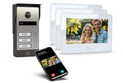m-e ALLVISO Video Türsprechanlage, 2 Draht IP BUS, Aufputz Gegensprechanlage mit Kamera und Türöffner, 7 Monitor, kostenlose Handy App, Türklingel mit Kamera und Türöffner fürs 3 Familienhaus