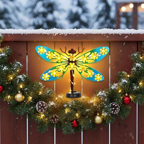 Metal Dragonfly Outdoor Wall Decor with 30 Led Solar Lights- 13.9 Outdoor Fence Wall Art Decor, Gift for Mom Grandma Women Birthday Gardening,Hanging Decoration for Garden Patio Porch Yard