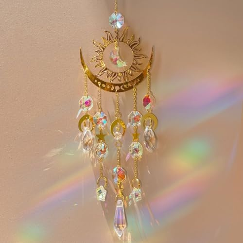 LUMOOM Atrapador de sol para ventana, colgante de cristal, decoración de ventana, arco iris, atrapasueños de cristal, decoración de jardín para el hogar, decoración de primavera para colgar (luna de