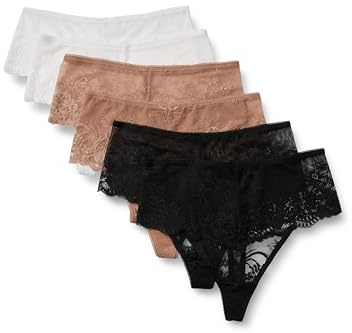 Amazon Essentials Culottes en Dentelle Galloon Extensible, Modèles Bikini, Hipster, String et Taille Haute Femme, Lot de 6, Blanc/Bronze Lavé/Noir, 42
