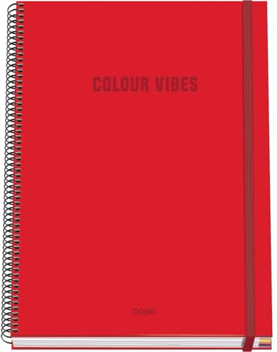 Dohe - Cuaderno A4 Cuadriculado - 100 Hojas Grosor 90 gr/m², Tamaño 22,8x30 cm, Tapa Dura, Cierre Anillas y Goma Elástica, Cuadrícula 5 mm, Material Escolar - COLOUR VIBES Rojo