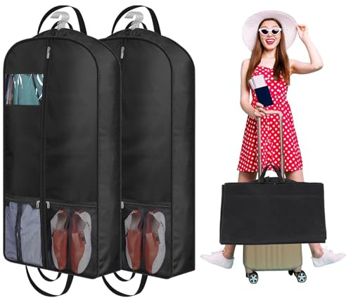 2 Stück Schwerlast Anzugtasche Kleidersack - 108x60x15 cm Aufbewahrung Kleiderhülle, Schwarz Kleiderhülle mit reißverschluss, Anzugsack Schützt vor Staub, Feuchtigkeit für Brautkleider Abendkleider