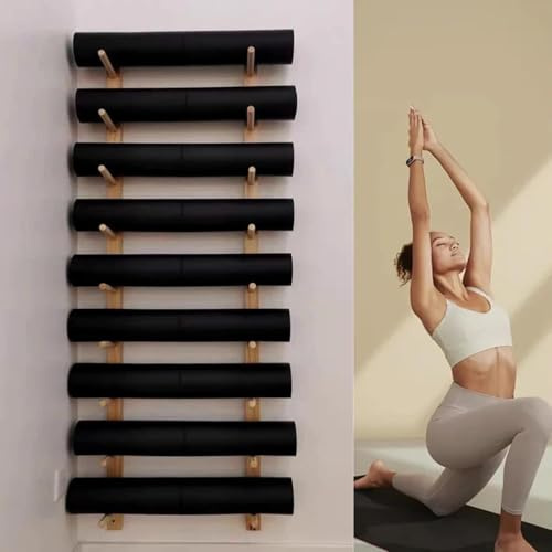 Estante de pared de madera for esterillas de yoga, rodillos de espuma y accesorios de fitness. Organizador de fitness.(6 layer)