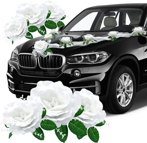 AURIVEE Autoschmuck Hochzeit Auto Deko mit 9 Saugnapfen Rosen, 10 Satin Herzen & Zubehör für Motorhaube, Weiße Hochzeitsdeko Brautpaar Set