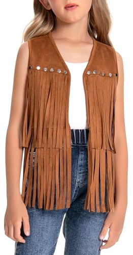 Maeau Kids Girls Faux Suede Jacket Vintage Hippie Fringe Vest Sleeveless Cowgirl Boho Tassels Jacket Open Front Retro Cardigan with Rivet Decor 5-12 Years