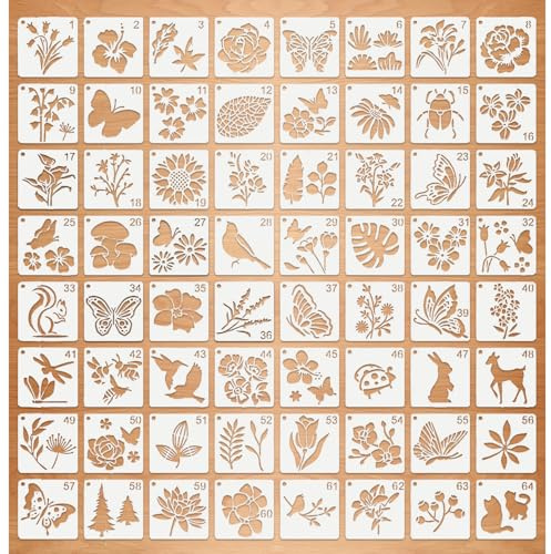 64 Stück Schablonen Set, Wiederverwendbare Schablonen Textilgestaltung, 7.6 x 7.6cm PET Malschablonen mit Blumen, Blättern und Tieren für DIY, Möbel, Boden, Scrapbooking, Handwerk