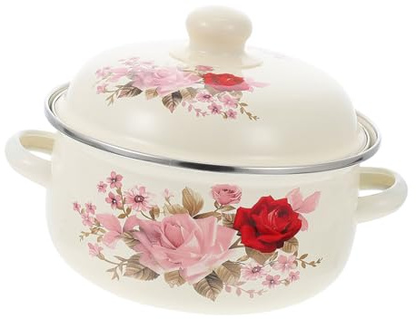 Generic Enamel Stockpot 18cm Lid and Dual Handles, Vintage Wear-Resistant Stew Pot for Household Cooking, Multi-Function Portable Soup Pot Suitable for Home Kitchen Use