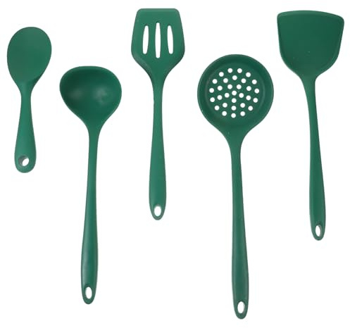 Juego de Utensilios de Silicona para Cocina, 1 Set Verde | Espátula, Cuchara y Colador, Superficie Lisa, Mango Aislante, Orificio para Colgar, Uso Doméstico