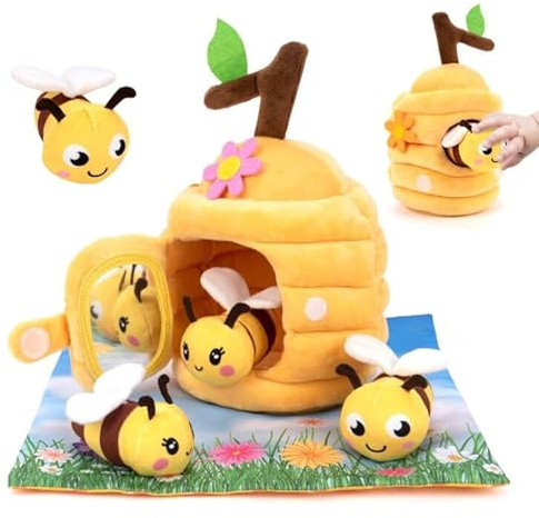 LinStyle Juguete Montessori para Bebés 6-12 Meses,Juguetes de Peluche de Abeja con Colmena, Papel Crujiente, Espejo,Juegos Educativos Sensorial para Bebes 3 6 12 Meses, Regalo Bebe 1 Año