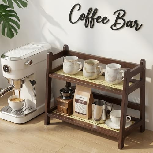 D-werack Coffee Station Organizer for Accessories, 2 Tier Kitchen Storage & Organisation Counter Shelf, Wooden Mug Holder Countertop, Matcha Stand Cup Display for Home Office, Brown