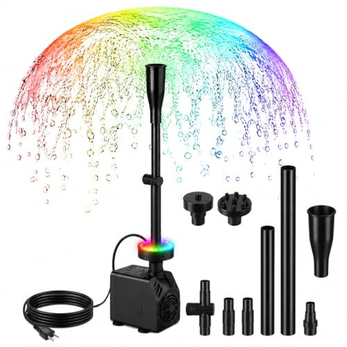 Springbrunnenpumpe Aussen mit LED, 800L/h 15W RGB Aquariumpumpe für Miniteich, Teichpumpe mit 3M Kabel, 3 Düsen, 3 Wechselnden Farben, Wasserspielpumpe Klein für Gartenteich, Wasserfall