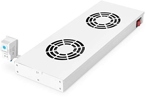 DIGITUS fan unit for 19-inch network cabinet – 2 fans – variable mounting on 19-inch profile rails – 1 U – thermostat – air flow rate 4.6 m³ per minute – grey