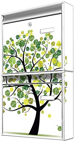 banjado Briefkastenanlage 2 Fach - 2 Briefkästen 36x64x10cm groß - Doppelbriefkasten Set - Namensschild, 2 Schlüssel, Montagematerial - Stahl verzinkt weiß - Motiv Baum grün
