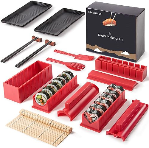 Virklyee Sushi Maker Set 17-teilig Sushi-Formen Reis Rolle Sushi Set mit 8 Formen mit DIY Sushi-Set, Sushi-Teller, Sushi-Rollen und Stäbchen (rot)