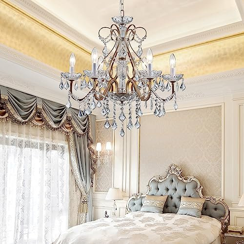 Bestier Lámpara de araña de cristal de plata envejecida para comedor, baño, vestíbulo, sala de estar, 6 bombillas E12 necesarias de 24 pulgadas de profundidad x 26 pulgadas de alto