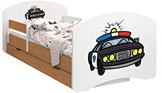 Happy Babies - Doppelseitiges KINDERBETT MIT SCHUBLADE Modernes Design mit sicheren Kanten und Absturzsicherung Schaumstoffmatratze 7 cm Buche (Polizei, 160/80)