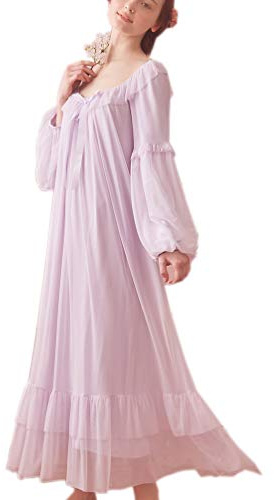 SINGINGQWEEN Viktorianskt nattlinne, vintage, dam, långärmad, skira nattkläder, pyjamas, loungeklänning, Lila, XL