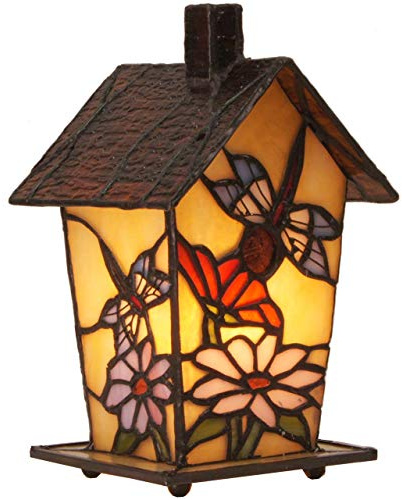Bieye L10782 Tiffany Style Stained Glass Birdhouse Table Lamp for Home Decor (7-inch High, Dragonfly)