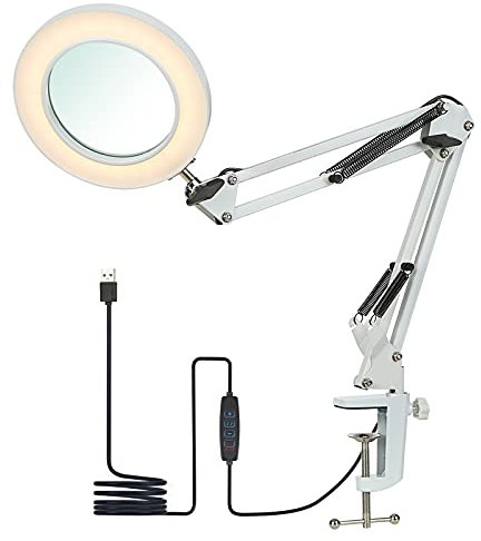 Lampe de table flexible grande blanche avec pince, équipée d'une loupe 8X et d'un bras orientable, LED dimmable, 3 modes de couleur et 10 niveaux de luminosité, idéale pour la lecture et le travail