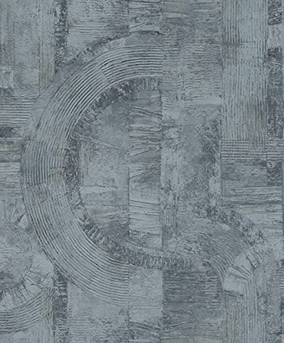 Rasch Tapete 554786 Vliestapete mit grafischem Muster in Blau und Silber-glänzenden Akzenten aus der Kollektion Composition - 10,05 m x 0,53 m (L x B)
