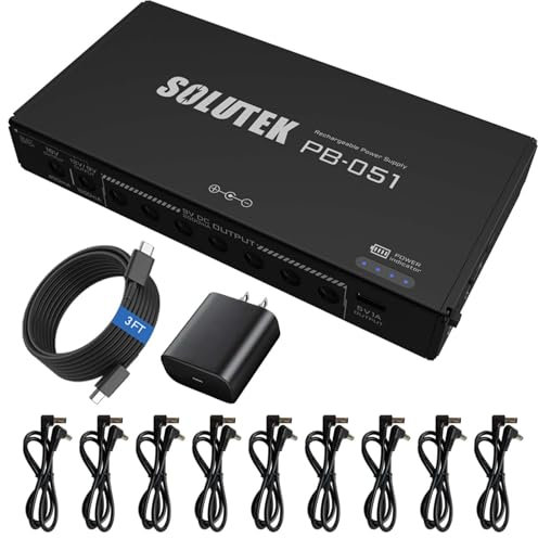 Solutek Rechargeable Guitar Pedal Power Supply 12800 10 Outputs High Current 2000mA 9V 12V 18V 5V for Pedal Board and Other Devices | Convenient, Quiet, Powerful and Compact