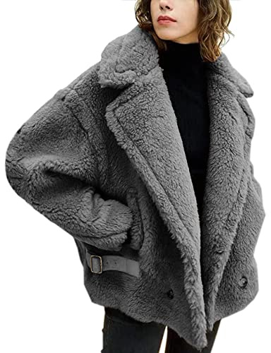 FLAVOR abrigo de lana de teddy para mujer Motochaqueta extra grande de piel de cordero con pelo Fuzzy, gris, M