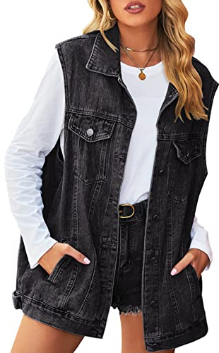 FEOYA Chaleco de mezclilla con solapa desgastada para mujer, chaqueta de mezclilla sin mangas abotonada, chaleco de vaquero de algodón con bolsillos con solapa, estilo azteca étnico, 06 Black, S