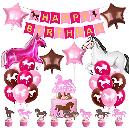Pferde Geburtstagsdeko, Pferde Luftballons Kindergeburtstag mit Happy Birthday Banner, Deko Geburtstag Mädchen, Party Deko Set