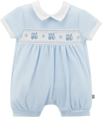 Dandelion Clothing Baby Boys Short Summer Rompers Smocked Blue Cotton Romper Suit Trains Design Newborn Boys - 12 Months (0-3 Months)