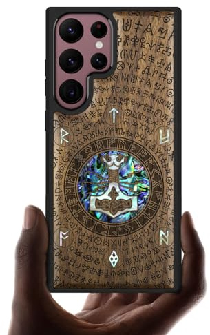 Carveit Designer Wooden Case for Samsung Galaxy S22 Ultra Case Cover [Wood Engraving & Shell Inlay] Wood Phone Case Compatible with Wireless Chargers Galaxy S22 Ultra Case (Thors hammer-Walnut)
