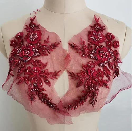 Yulakes 1pcs Pailletten Luxury Beaded Blumenstickerei Applikation, Sew On Patch Embroidered Lace Spitzenausschnitt,Spitzenapplikation Patch für DIY Ausschnitt Hochzeit Brautkleid (Rotwein)