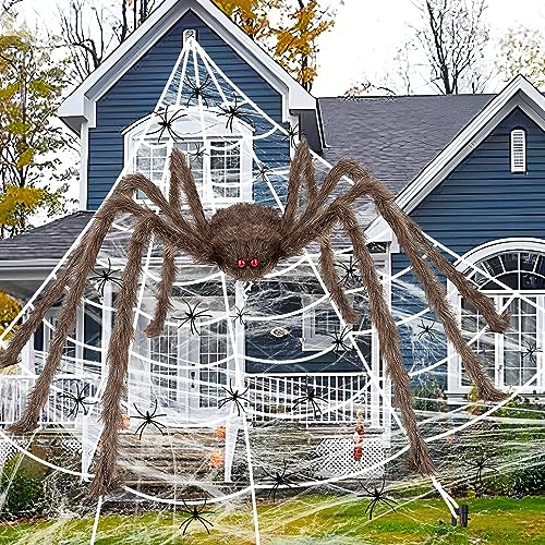 iZoeL XXL Halloween Deko 700cm Riesige Spinnennetz+ 200cm Graue Spinne +Spinnweben+ 30 Mini Spinne, Halloween Garten Deko Außendekoration Riesenspinne(Braun)