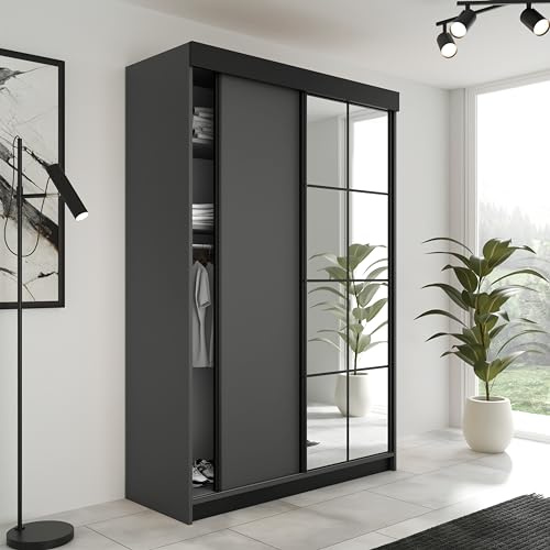 KIER FURNITURE Schiebegarderobe LAMARO mit Spiegel - Schrank Schlafzimmer - Schlafzimmerschrank - Wardrobe Bedroom - Kleiderschränke - Kleiderschrank Graphit - 138x205x59