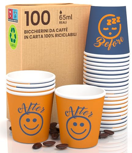 100 kaffemuggar av papper, 65 ml, DownUP blå, miljövänlig, biologiskt nedbrytbar, engångsmugg, liten, att ta med sig, varma drycker