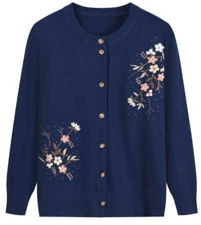 FWSHANGMAO Ladies Embroidered Buttons Cardigan,Middle-Aged Ladies Light Pullover Floral Long Sleeve Jacket Elegant Klein Knitted Sweater Elderly Women Mother Wear,M