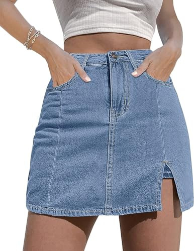 NEYOUQE Kurze Hose Damen Seitenschlitz mit High Waisted Jean Shorts Einfarbig Casual Rock Damen Sommer Jeansrock Sommerpants Himmelblau M 40 42