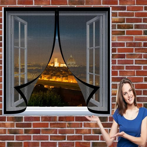 Fliegenschutzgitter für Fenster 102 x 100 cm Insektenschutzgitter in Verschiedenen Größen Auswählbar Magnet Fliegengitter für Alle Universalfenster, Schwarz