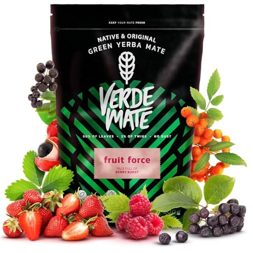 Verde Mate Green Fruit Force Yerba Mate Framboise Cerise 500g | Yerba mate brésilienne aux fruits sauvages et guarana pour une boisson parfumée et dynamique