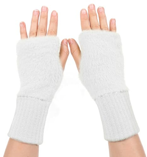 Gants sans doigts pour femmes, peluche mignon chauffe bras femme Peluche Chaude Gants gants chauds les qui travaillent à l'intérieur à l'extérieur apprendre à écrire dactylographier conduire (Blanc)