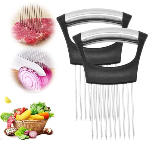 Zwiebelhalter aus Edelstahl zum Schneiden, Zwiebelschneider Schneidehilfe Gemüsehobel Gemüse Frucht Rindfleisch Zwiebel Schneidmaschine Edelstahl Fleisch Nadel Zwiebelschneider (2 Stück)