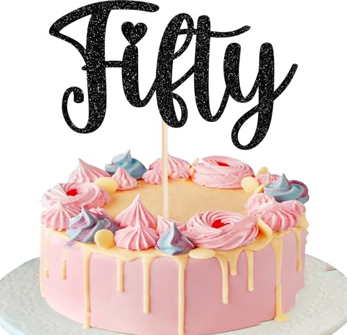Xsstarmi 1 Pack Fifty Birthday Cake Topper 50th Birthday Cake Topper Black 50th Birthday Decorations for Men Women Wedding Anniversary Birthday Party Cake Decorations