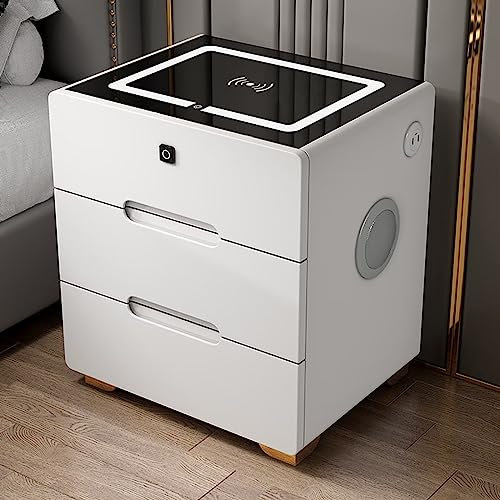 LED Nightstand with 2 Drawers, Wireless Charging Port, Fingerprint Lock, Bluetooth Speaker - Modern Luxury Bedside Table Organizer Storage Cabinet