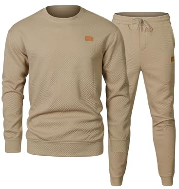 Elegancity Men's Tracksuits Crewneck Pullover Sweatshirt Men Long Sleeve Casual 2 Piece Sets Textured Jumper and Joggers,Khaki XL