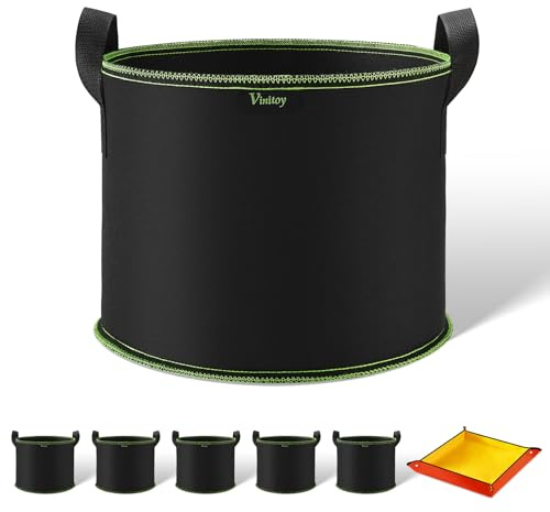 Vinitoy Lot de 5 pots en tissu de 12L, sacs de culture de 3 gallons avec poignées prolongées, pots en tissu non tissé épais et résistant avec tapis de rempotage de 100cm x 100cm pour tomates, pommes