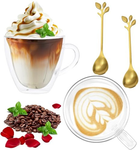 CEWROM Doppelwandige Kaffeegläser, 2er Set Kaffeegläse Herzförmig Kaffee Gläser Doppelwandig, Cappuccino Tassen,Glastassen mit Löffel, Latte Macchiato Brillen, Geschenk für Muttertag Geburtstag