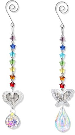 Atrapa-soles de cristal, 2 piezas Colgante de mariposa con corazón Atrapa-soles con prisma, colgante decorativo, adorno captador, fabricante Arcoíris colgante para ventana Jardín
