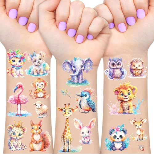 Tiere Glitzer Tattoo Set Kinder, 12 Blätter Tiere Fake Tattoos für Kinder, Geschenke für Junge Mädchen, Geburtstag Party Geschenk Kleine, Hautfreundliche Temporäre