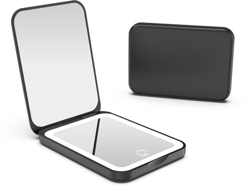 Kintion Pocket Mirror, Rechargeable 1X/3X Magnification LED Compact Travel Makeup Mirror for Purse, 3 Colors Dimmable, Folding, Handheld, Small Lighted Mirrors for Women Gifts, Black